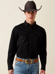 Ariat 10079800 Mens FrontierTough VentTEK Western Fitted Snap Shirt Black front view. If you need any assistance with this item or the purchase of this item please call us at five six one seven four eight eight eight zero one Monday through Saturday 10:00a.m EST to 8:00 p.m EST
