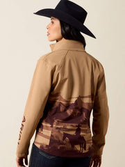 Ariat 10079881 Womens Logo Softshell Jacket Lone Ranger Print Tan back view. If you need any assistance with this item or the purchase of this item please call us at five six one seven four eight eight eight zero one Monday through Saturday 10:00a.m EST to 8:00 p.m EST
