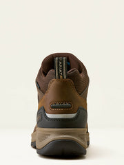 A rear three-quarter view of a brown and tan Ariat hiking boot against a light off-white background. If you need any assistance with this item or the purchase of this item please call us at five six one seven four eight eight eight zero one Monday through Saturday 10:00a.m EST to 8:00 p.m EST