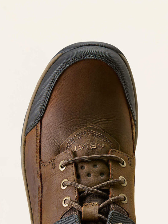 Ariat 10080518 Mens Terrain Trek Waterproof Boot Dark Chocolate toe view. If you need any assistance with this item or the purchase of this item please call us at five six one seven four eight eight eight zero one Monday through Saturday 10:00a.m EST to 8:00 p.m EST