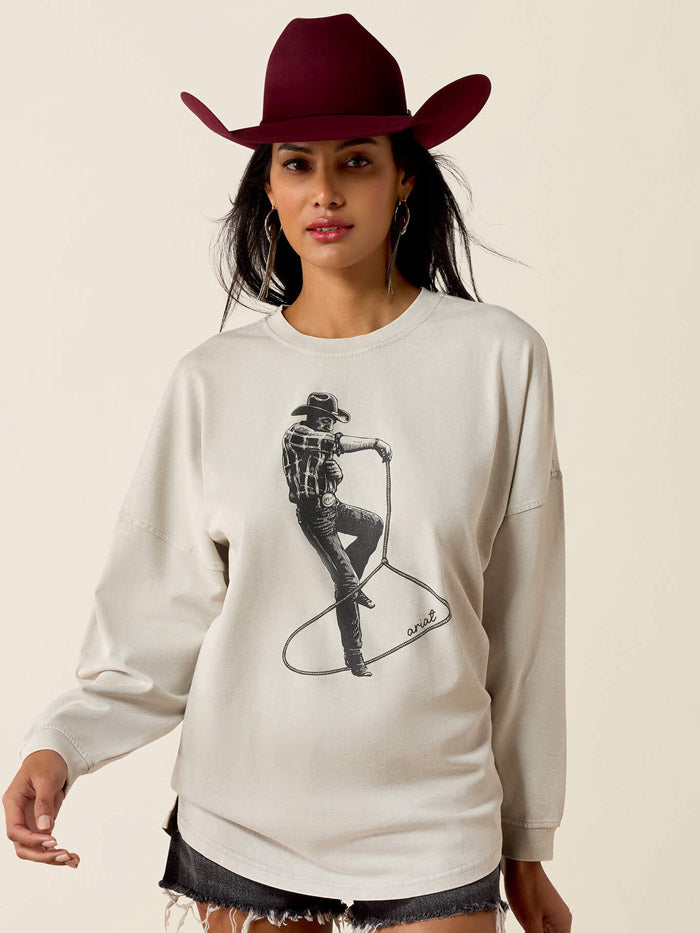 Ariat 10080620 Womens Canvas Oversized Long Sleeve T-Shirt Silver front view. If you need any assistance with this item or the purchase of this item please call us at five six one seven four eight eight eight zero one Monday through Saturday 10:00a.m EST to 8:00 p.m EST