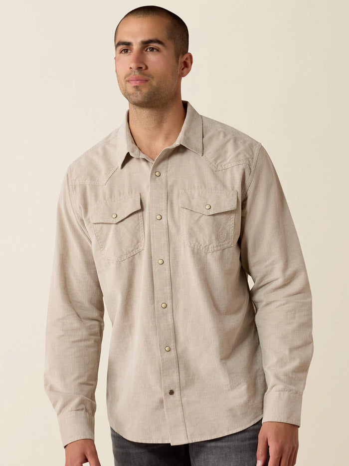 Ariat 10080647 Mens Retro Handorf Corduroy Fitted Snap Shirt Beige front view. If you need any assistance with this item or the purchase of this item please call us at five six one seven four eight eight eight zero one Monday through Saturday 10:00a.m EST to 8:00 p.m EST
