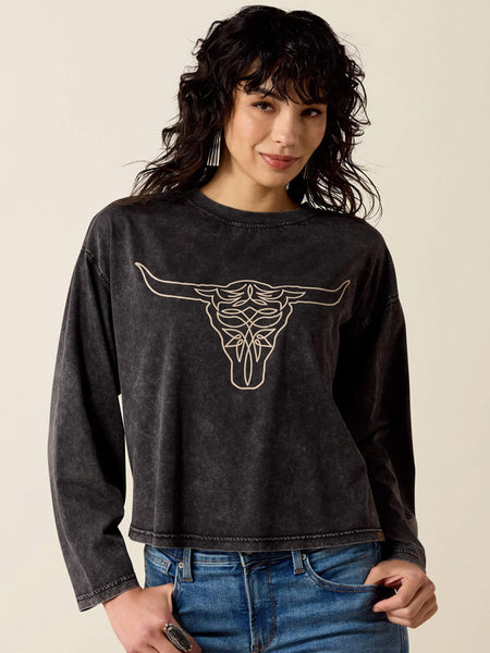 Ariat 10080681 Womens Steer Story Long Sleeve T-Shirt Black front view. If you need any assistance with this item or the purchase of this item please call us at five six one seven four eight eight eight zero one Monday through Saturday 10:00a.m EST to 8:00 p.m EST
