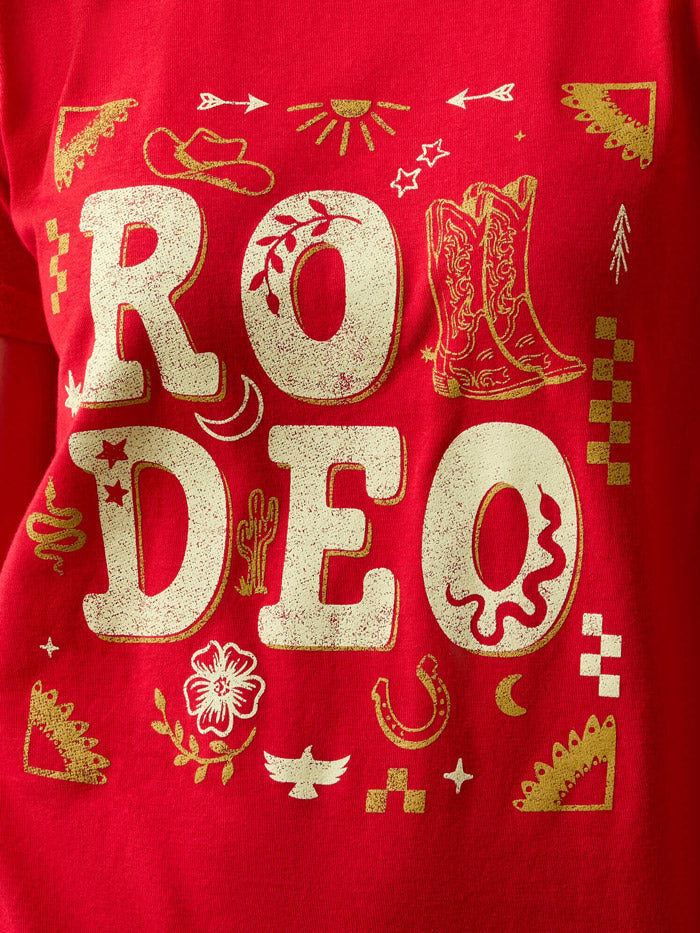 Ariat 10083098 Youth Rodeo Collage T-Shirt Red front view. If you need any assistance with this item or the purchase of this item please call us at five six one seven four eight eight eight zero one Monday through Saturday 10:00a.m EST to 8:00 p.m EST
