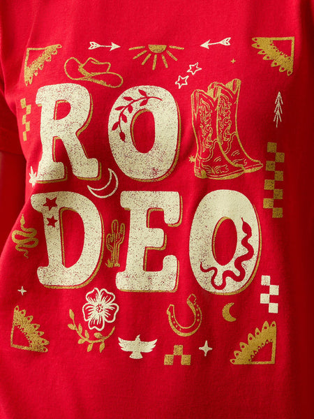 Ariat 10083098 Youth Rodeo Collage T-Shirt Red front graphic close up view. If you need any assistance with this item or the purchase of this item please call us at five six one seven four eight eight eight zero one Monday through Saturday 10:00a.m EST to 8:00 p.m EST