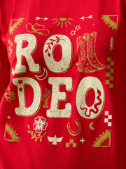 Ariat 10083098 Youth Rodeo Collage T-Shirt Red front graphic close up view. If you need any assistance with this item or the purchase of this item please call us at five six one seven four eight eight eight zero one Monday through Saturday 10:00a.m EST to 8:00 p.m EST