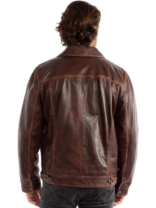 Scully 1055-116 Mens Leather Jean Jacket Cognac back view. If you need any assistance with this item or the purchase of this item please call us at five six one seven four eight eight eight zero one Monday through Saturday 10:00a.m EST to 8:00 p.m EST