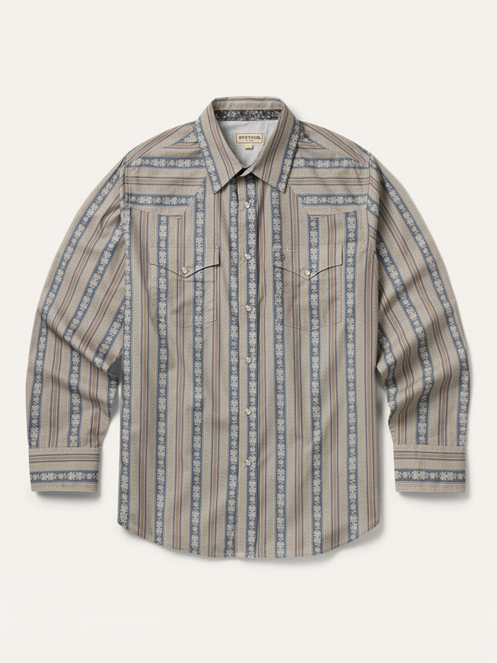 A long-sleeve western-style button-up shirt with vertical stripes in beige, brown, and slate blue, featuring a pointed collar and two buttoned chest pockets, laid flat against a light cream background. If you need any assistance with this item or the purchase of this item please call us at five six one seven four eight eight eight zero one Monday through Saturday 10:00a.m EST to 8:00 p.m EST