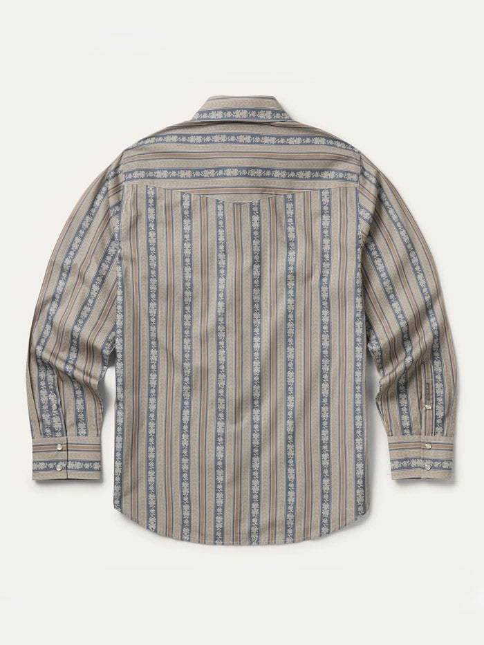 A long-sleeve western-style button-up shirt with vertical stripes in beige, brown, and slate blue, featuring a pointed collar and two buttoned chest pockets, laid flat against a light cream background. If you need any assistance with this item or the purchase of this item please call us at five six one seven four eight eight eight zero one Monday through Saturday 10:00a.m EST to 8:00 p.m EST