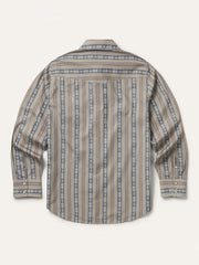 A long-sleeve button-up shirt shown from the back, featuring a vertical stripe pattern with blue and beige geometric motifs on a light gray background. If you need any assistance with this item or the purchase of this item please call us at five six one seven four eight eight eight zero one Monday through Saturday 10:00a.m EST to 8:00 p.m EST