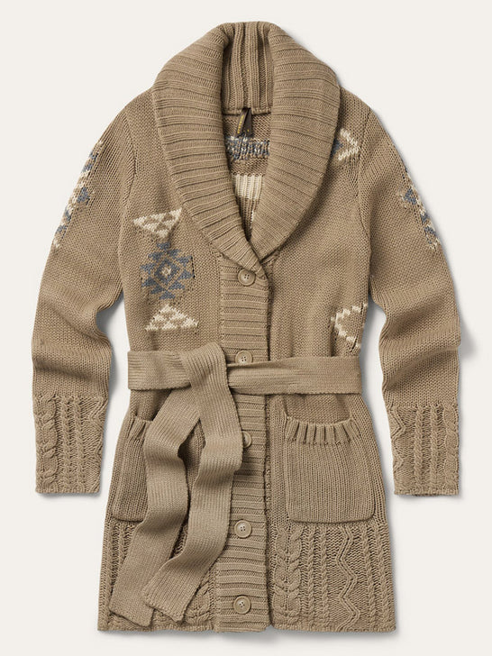 A beige knit cardigan with a shawl collar, matching tie belt, and decorative geometric patterns in cream and blue on the sleeves, shown flat against a light off-white background. If you need any assistance with this item or the purchase of this item please call us at five six one seven four eight eight eight zero one Monday through Saturday 10:00a.m EST to 8:00 p.m EST