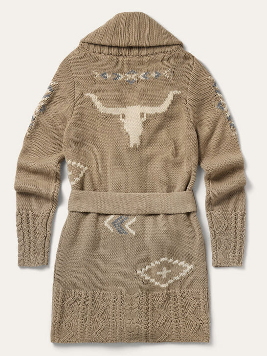 A beige knit cardigan with a matching belt, featuring a large white longhorn motif and southwestern geometric patterns on the back and sleeves, shown against a light off-white background. If you need any assistance with this item or the purchase of this item please call us at five six one seven four eight eight eight zero one Monday through Saturday 10:00a.m EST to 8:00 p.m EST