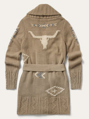 A beige knit cardigan with a matching belt, featuring a large white longhorn motif and southwestern geometric patterns on the back and sleeves, shown against a light off-white background. If you need any assistance with this item or the purchase of this item please call us at five six one seven four eight eight eight zero one Monday through Saturday 10:00a.m EST to 8:00 p.m EST