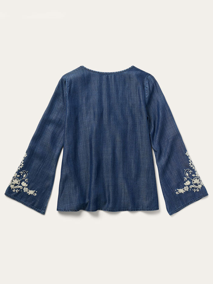 Stetson 11-050-0565-2042 Womens Embroidered Peasant Blouse Denim front view on model.If you need any assistance with this item or the purchase of this item please call us at five six one seven four eight eight eight zero one Monday through Saturday 10:00a.m EST to 8:00 p.m EST
