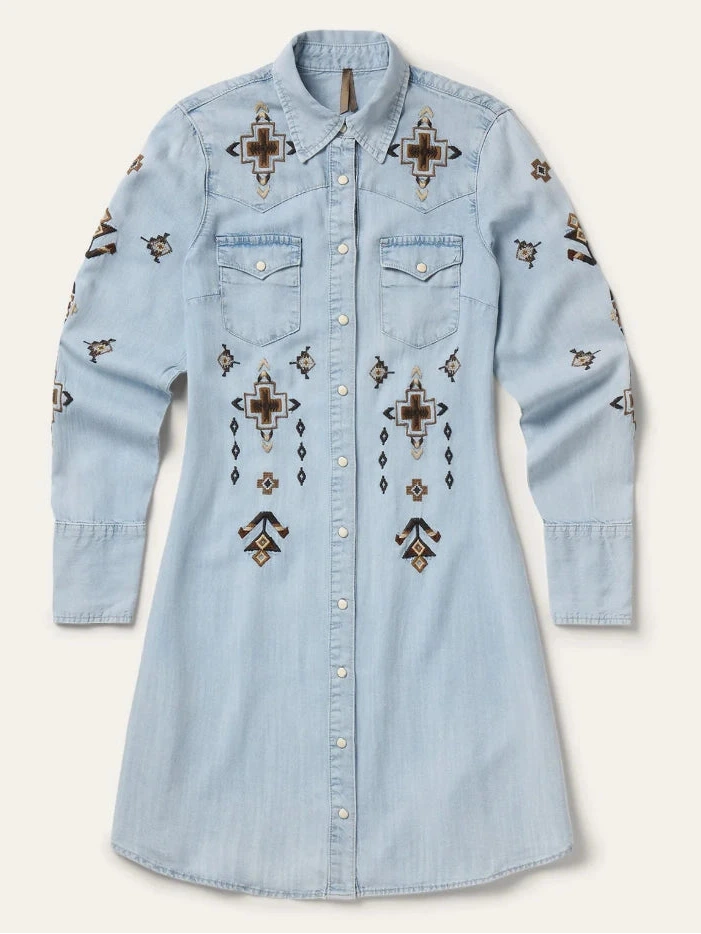 Stetson 11-057-0565-7058 Womens Western Floral Embroidered Dress Light Denim front view. If you need any assistance with this item or the purchase of this item please call us at five six one seven four eight eight eight zero one Monday through Saturday 10:00a.m EST to 8:00 p.m EST