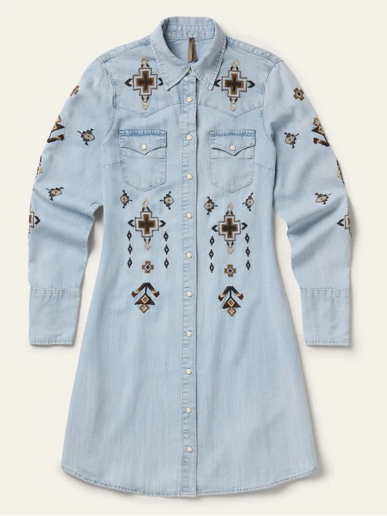 Stetson 11-057-0565-7058 Womens Western Floral Embroidered Dress Light Denim front view. If you need any assistance with this item or the purchase of this item please call us at five six one seven four eight eight eight zero one Monday through Saturday 10:00a.m EST to 8:00 p.m EST