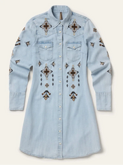 Stetson 11-057-0565-7058 Womens Western Floral Embroidered Dress Light Denim front view. If you need any assistance with this item or the purchase of this item please call us at five six one seven four eight eight eight zero one Monday through Saturday 10:00a.m EST to 8:00 p.m EST