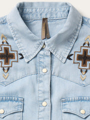 Stetson 11-057-0565-7058 Womens Western Floral Embroidered Dress Light Denim front close up. If you need any assistance with this item or the purchase of this item please call us at five six one seven four eight eight eight zero one Monday through Saturday 10:00a.m EST to 8:00 p.m EST
