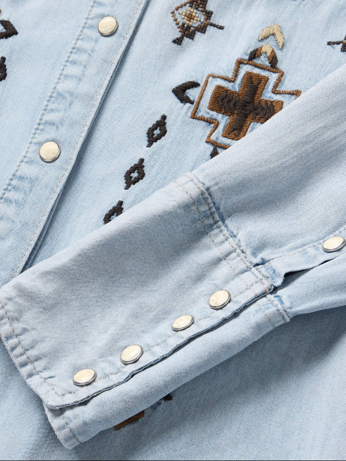 Stetson 11-057-0565-7058 Womens Western Floral Embroidered Dress Light Denim front view. If you need any assistance with this item or the purchase of this item please call us at five six one seven four eight eight eight zero one Monday through Saturday 10:00a.m EST to 8:00 p.m EST