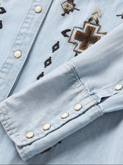 Stetson 11-057-0565-7058 Womens Western Floral Embroidered Dress Light Denim cuff close up. If you need any assistance with this item or the purchase of this item please call us at five six one seven four eight eight eight zero one Monday through Saturday 10:00a.m EST to 8:00 p.m EST