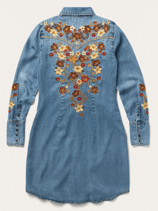 Stetson 11-057-0565-7084 Womens Embroidered Western Shirt Dress Blue back view. If you need any assistance with this item or the purchase of this item please call us at five six one seven four eight eight eight zero one Monday through Saturday 10:00a.m EST to 8:00 p.m EST