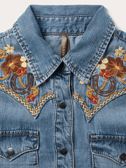 Stetson 11-057-0565-7084 Womens Embroidered Western Shirt Dress Blue front close up. If you need any assistance with this item or the purchase of this item please call us at five six one seven four eight eight eight zero one Monday through Saturday 10:00a.m EST to 8:00 p.m EST
