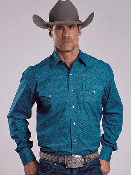 Stetson 11-001-0425-1064 Mens Teal Medallion Snap Western Shirt Blue front view. If you need any assistance with this item or the purchase of this item please call us at five six one seven four eight eight eight zero one Monday through Saturday 10:00a.m EST to 8:00 p.m EST