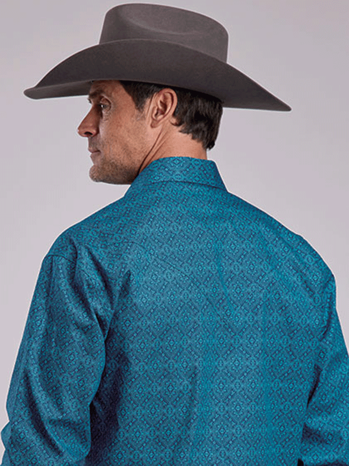 Stetson 11-001-0425-1064 Mens Teal Medallion Snap Western Shirt Blue front view. If you need any assistance with this item or the purchase of this item please call us at five six one seven four eight eight eight zero one Monday through Saturday 10:00a.m EST to 8:00 p.m EST