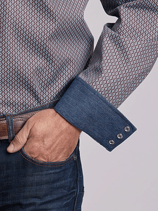 Stetson 11-001-0425-6043 Mens All Over Diamonds Print Western Shirt Brown cuff close up. If you need any assistance with this item or the purchase of this item please call us at five six one seven four eight eight eight zero one Monday through Saturday 10:00a.m EST to 8:00 p.m EST