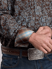 Stetson 11-001-0425-6044 Mens Fall Paisley Western Shirt Brown cuff close up. If you need any assistance with this item or the purchase of this item please call us at five six one seven four eight eight eight zero one Monday through Saturday 10:00a.m EST to 8:00 p.m EST