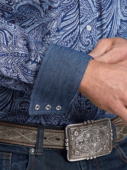 Stetson 11-001-0425-6047 Mens Plume Paisley Print Western Shirt Blue front view. If you need any assistance with this item or the purchase of this item please call us at five six one seven four eight eight eight zero one Monday through Saturday 10:00a.m EST to 8:00 p.m EST
