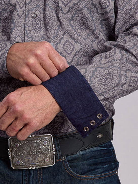 Stetson 11-001-0425-6056 Mens Medallion Paisley Western Shirt Grey close up. If you need any assistance with this item or the purchase of this item please call us at five six one seven four eight eight eight zero one Monday through Saturday 10:00a.m EST to 8:00 p.m EST