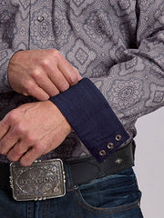 Stetson 11-001-0425-6056 Mens Medallion Paisley Western Shirt Grey close up. If you need any assistance with this item or the purchase of this item please call us at five six one seven four eight eight eight zero one Monday through Saturday 10:00a.m EST to 8:00 p.m EST