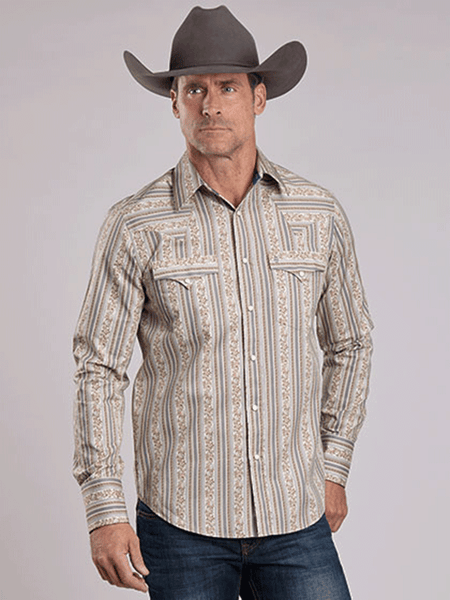 Stetson 11-001-0425-6662 Mens Frontier Wallpaper Western Shirt Grey Tan front view. If you need any assistance with this item or the purchase of this item please call us at five six one seven four eight eight eight zero one Monday through Saturday 10:00a.m EST to 8:00 p.m EST