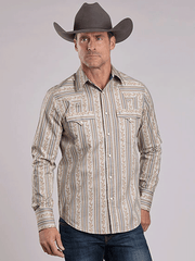 Stetson 11-001-0425-6662 Mens Frontier Wallpaper Western Shirt Grey Tan front view. If you need any assistance with this item or the purchase of this item please call us at five six one seven four eight eight eight zero one Monday through Saturday 10:00a.m EST to 8:00 p.m EST