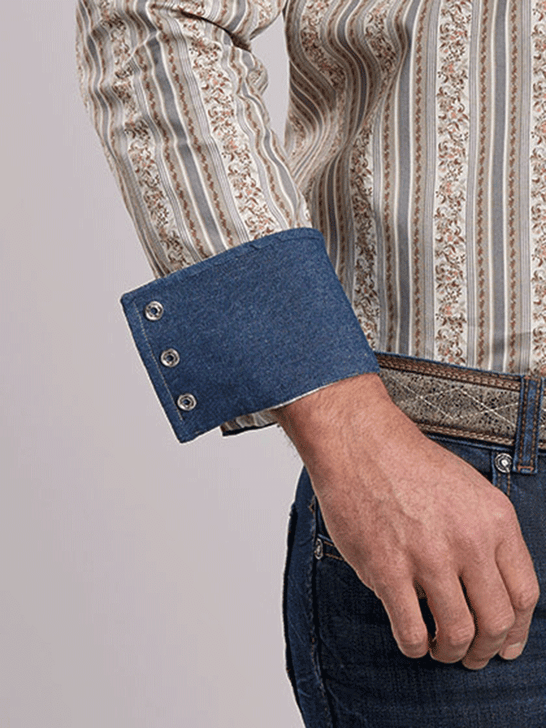 Stetson 11-001-0425-6662 Mens Frontier Wallpaper Western Shirt Grey Tan cuff close up. If you need any assistance with this item or the purchase of this item please call us at five six one seven four eight eight eight zero one Monday through Saturday 10:00a.m EST to 8:00 p.m EST