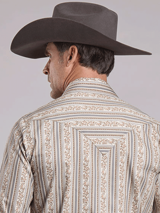 Stetson 11-001-0425-6662 Mens Frontier Wallpaper Western Shirt Grey Tan back view. If you need any assistance with this item or the purchase of this item please call us at five six one seven four eight eight eight zero one Monday through Saturday 10:00a.m EST to 8:00 p.m EST