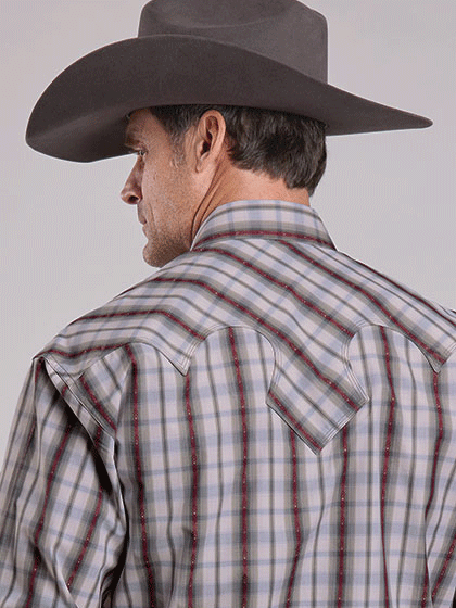 Stetson 11-001-0478-6057 Mens Vintage Dobby Plaid Western Shirt Grey back view. If you need any assistance with this item or the purchase of this item please call us at five six one seven four eight eight eight zero one Monday through Saturday 10:00a.m EST to 8:00 p.m EST