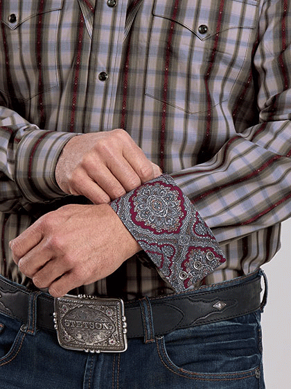 Stetson 11-001-0478-6057 Mens Vintage Dobby Plaid Western Shirt Grey cuff view. If you need any assistance with this item or the purchase of this item please call us at five six one seven four eight eight eight zero one Monday through Saturday 10:00a.m EST to 8:00 p.m EST