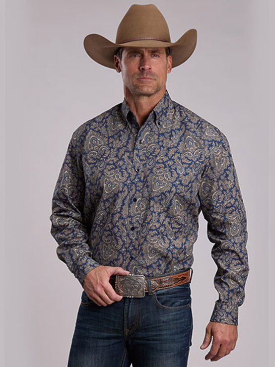 Stetson 11-001-0526-6059 Mens Paisley Print Western Shirt Navy Gold front view. If you need any assistance with this item or the purchase of this item please call us at five six one seven four eight eight eight zero one Monday through Saturday 10:00a.m EST to 8:00 p.m EST