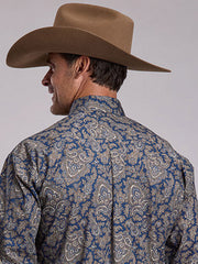 Stetson 11-001-0526-6059 Mens Paisley Print Western Shirt Navy Gold back view. If you need any assistance with this item or the purchase of this item please call us at five six one seven four eight eight eight zero one Monday through Saturday 10:00a.m EST to 8:00 p.m EST
