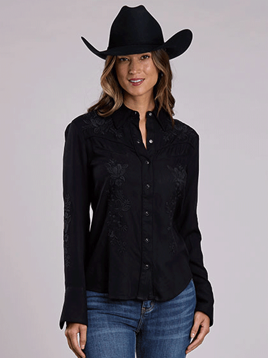 Stetson 11-050-0565-7073 Womens Embroidery Western Shirt Black front view. If you need any assistance with this item or the purchase of this item please call us at five six one seven four eight eight eight zero one Monday through Saturday 10:00a.m EST to 8:00 p.m EST
