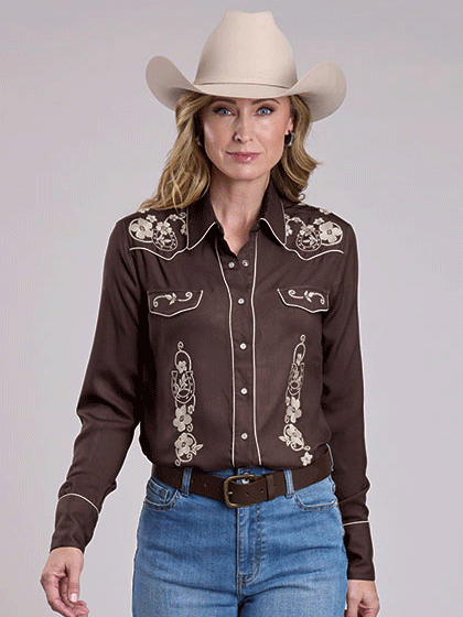 Stetson 11-050-0565-7081 Womens Embroidery Retro Western Style Shirt Brown front view. If you need any assistance with this item or the purchase of this item please call us at five six one seven four eight eight eight zero one Monday through Saturday 10:00a.m EST to 8:00 p.m EST
