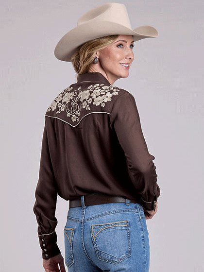 Stetson 11-050-0565-7081 Womens Embroidery Retro Western Style Shirt Brown back view. If you need any assistance with this item or the purchase of this item please call us at five six one seven four eight eight eight zero one Monday through Saturday 10:00a.m EST to 8:00 p.m EST