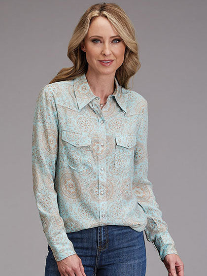 Stetson 11-050-0590-2014 Womens Mandala Print Long Sleeve Blouse Light Blue front view. If you need any assistance with this item or the purchase of this item please call us at five six one seven four eight eight eight zero one Monday through Saturday 10:00a.m EST to 8:00 p.m EST
