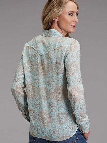 Stetson 11-050-0590-2014 Womens Mandala Print Long Sleeve Blouse Light Blue back view. If you need any assistance with this item or the purchase of this item please call us at five six one seven four eight eight eight zero one Monday through Saturday 10:00a.m EST to 8:00 p.m EST