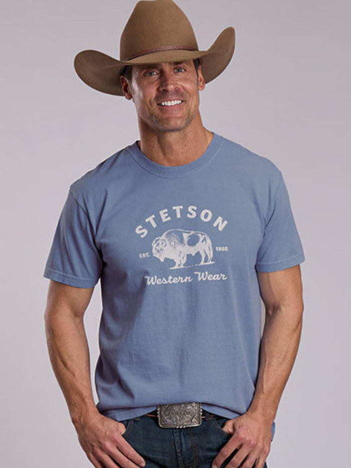 Stetson 11-076-0562-0913 Mens Western Wear Buffalo T-Shirt Light Blue front view. If you need any assistance with this item or the purchase of this item please call us at five six one seven four eight eight eight zero one Monday through Saturday 10:00a.m EST to 8:00 p.m EST