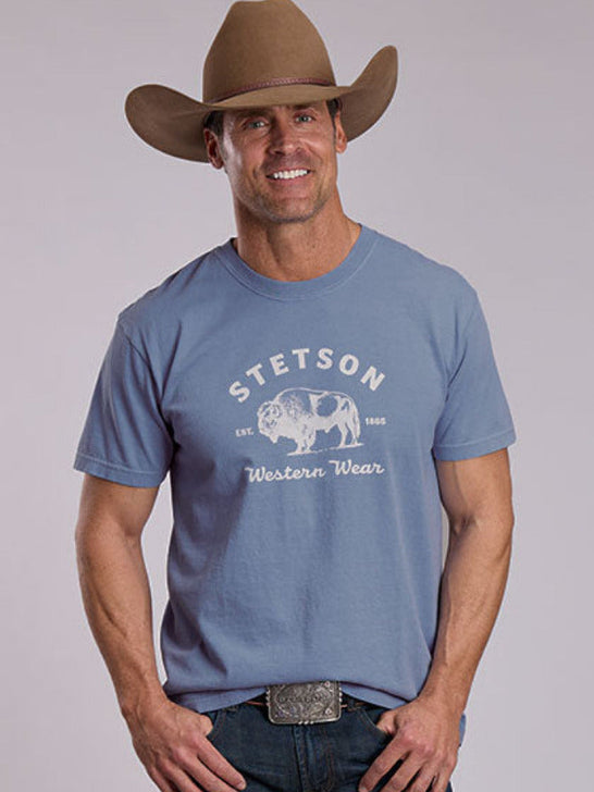 Stetson 11-076-0562-0913 Mens Western Wear Buffalo T-Shirt Light Blue front view. If you need any assistance with this item or the purchase of this item please call us at five six one seven four eight eight eight zero one Monday through Saturday 10:00a.m EST to 8:00 p.m EST