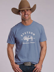 Stetson 11-076-0562-0913 Mens Western Wear Buffalo T-Shirt Light Blue front view. If you need any assistance with this item or the purchase of this item please call us at five six one seven four eight eight eight zero one Monday through Saturday 10:00a.m EST to 8:00 p.m EST