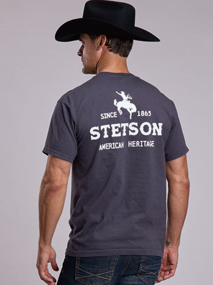 Stetson 11-076-0562-0916 Mens Cowboy American Heritage T-Shirt Grey back view. If you need any assistance with this item or the purchase of this item please call us at five six one seven four eight eight eight zero one Monday through Saturday 10:00a.m EST to 8:00 p.m EST